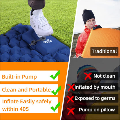 Self Inflating Camping Sleeping Pad Foot Press Inflatable Pad Air Mattress with Pillow for Backpacking, Hiking, Camping, Traveling (Blue)