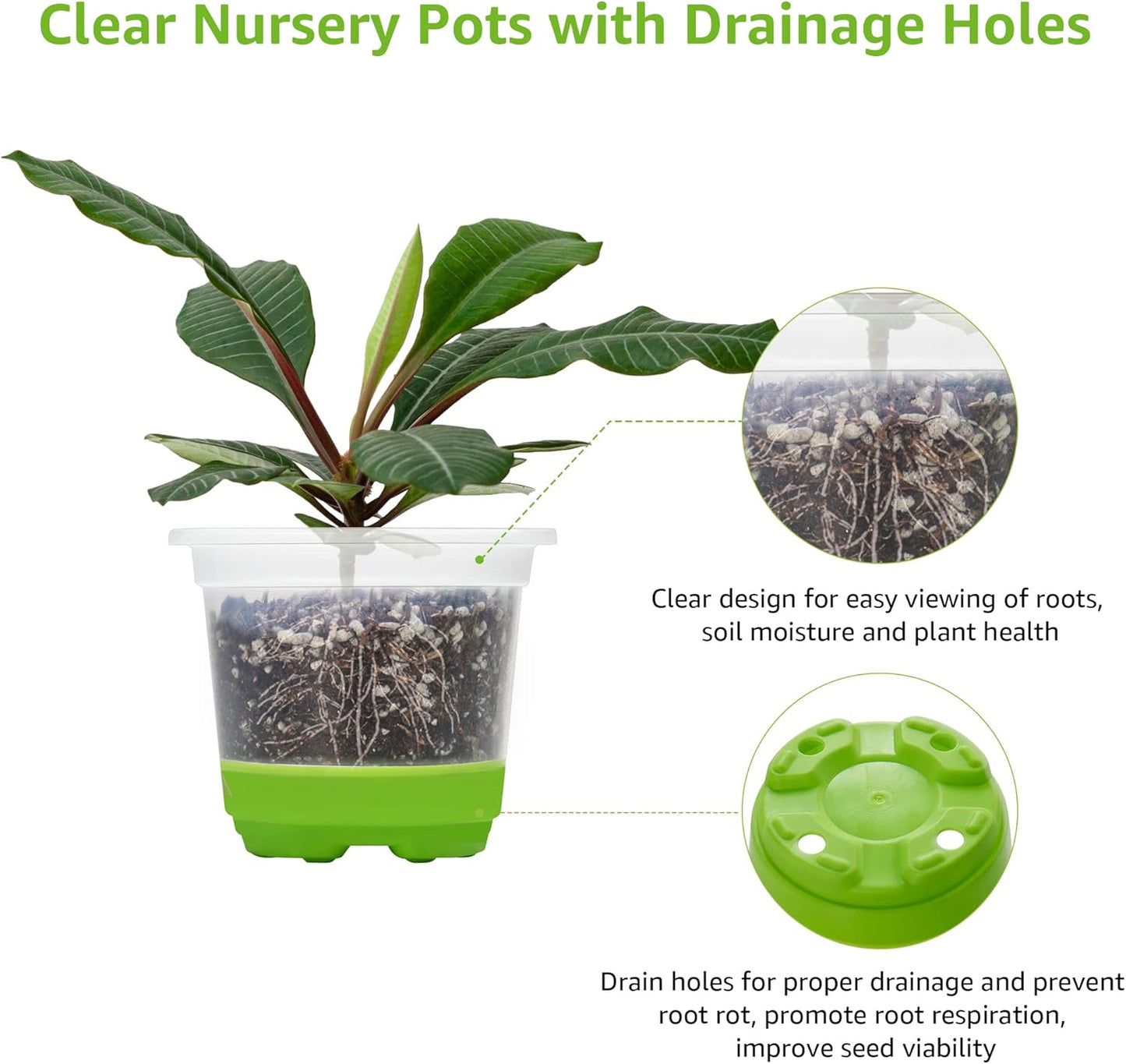 MIXC 30 Packs 4" Reinforced Clear Nursery Pots with Silicone Base for Easy Transplant, Transparent Plastic Plant Pot Reusable Seedling Pots Seed Starter Pots Flower Pot with 10pcs Plant Labels, Green
