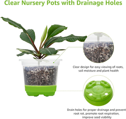 MIXC 30 Packs 4" Reinforced Clear Nursery Pots with Silicone Base for Easy Transplant, Transparent Plastic Plant Pot Reusable Seedling Pots Seed Starter Pots Flower Pot with 10pcs Plant Labels, Green