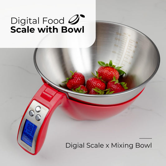 Fradel Digital Kitchen Food Scale with Bowl - 11lb, Grams & Ounces - Removable, Dishwasher-Safe Mixing Bowl - Red - PuriLite