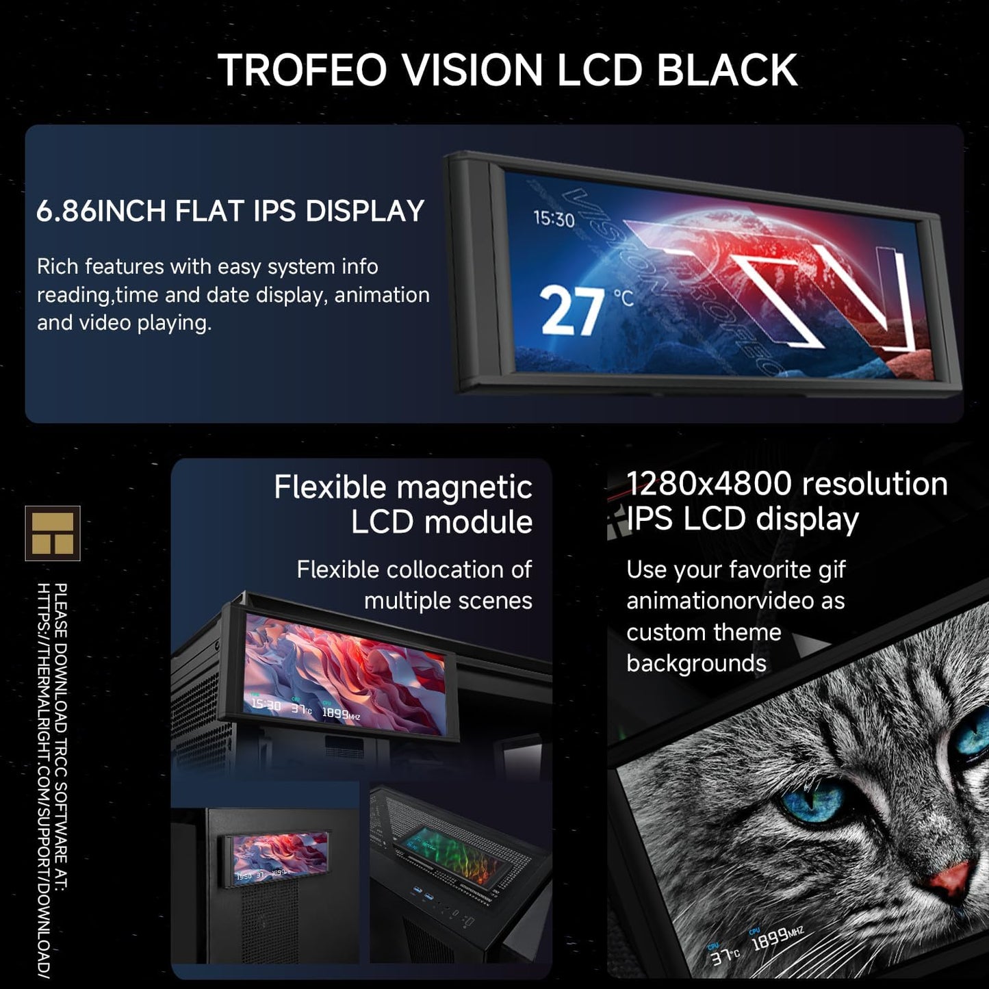 Thermalright Trofeo Vision LCD Case Sub-Display – 6.86″ Full-Color IPS Screen – 1280×480 Resolution – Magnetic Mount – DIY System Monitoring & Custom Themes - PuriLite