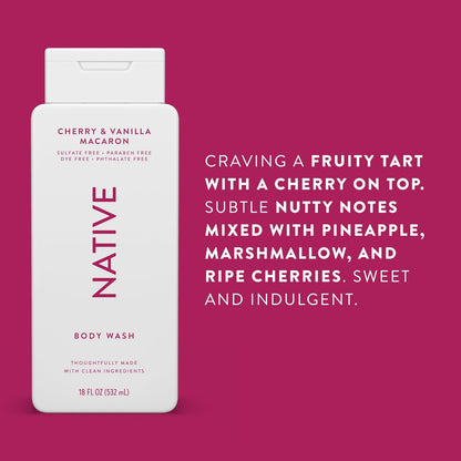 Native Body Wash Contains Naturally Derived Ingredients | For Women & Men, Sulfate, Paraben, & Dye Free Leaving Skin Soft and Hydrating | Cherry & Vanilla Macaron 18 oz - 2 Pk
