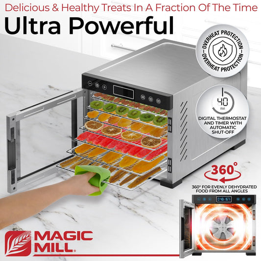 Magic Mill Pro Food Dehydrator Machine | 7 Stainless Steel Trays | Dryer for Jerky, Dog Treats, Herb, Meat, Beef, Fruit | Keep Warm Function, Digital Timer and Temperature Control, ETL Approved - PuriLite