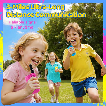 Kids Walkie Talkies 3 Mile Range Two Way Radios 3 Pack for Indoor Outdoor Play Blue Pink Yellow - PuriLite