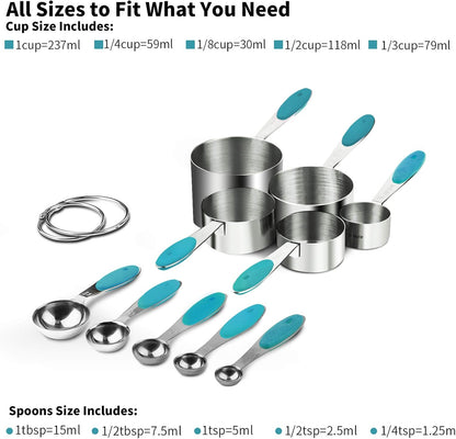 U-Taste 18/8 Stainless Steel Measuring Cups & Spoons Set – 10-Piece – Teal Handles – Heavy-Duty & Engraved Measurements - PuriLite