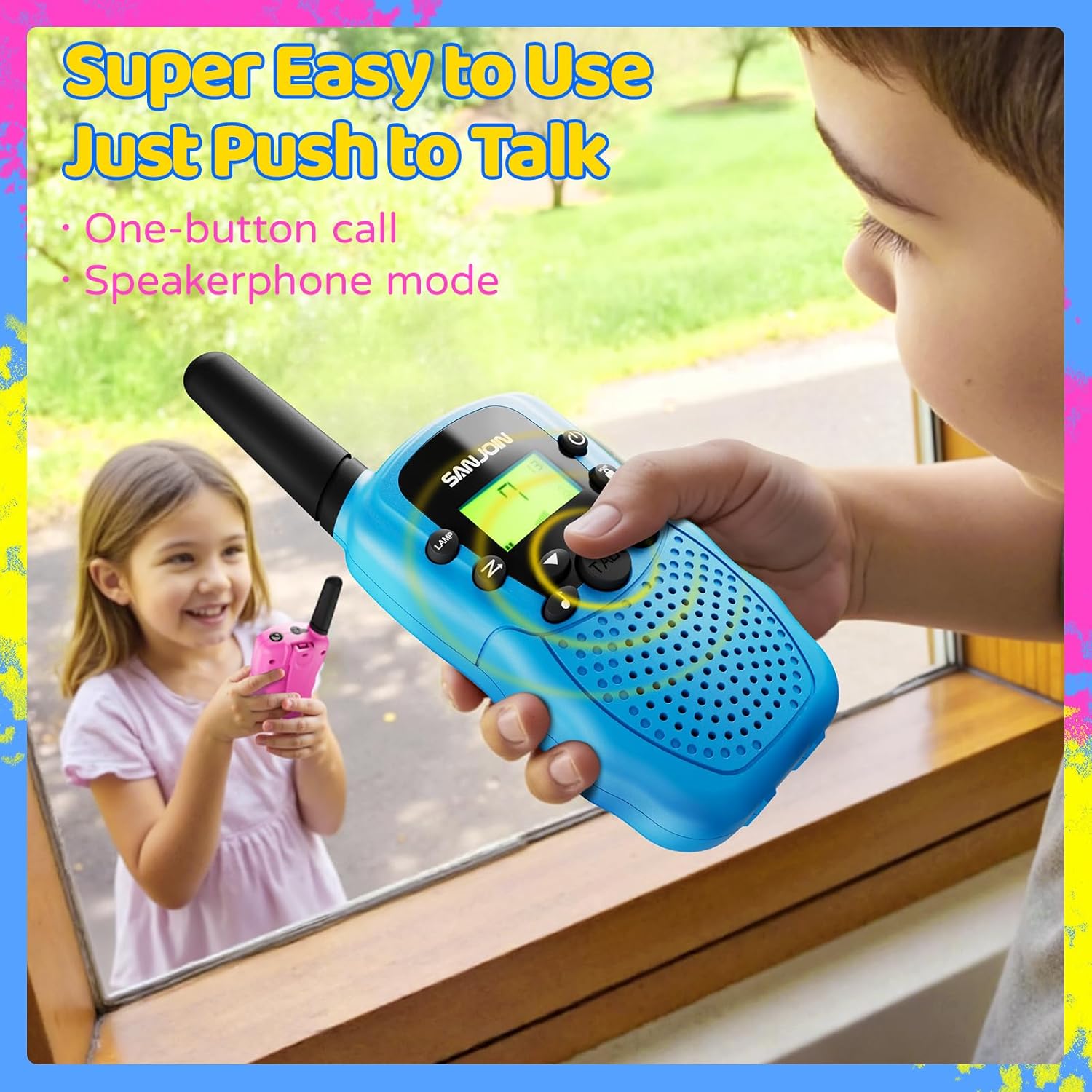 Kids Walkie Talkies 3 Mile Range Two Way Radios 3 Pack for Indoor Outdoor Play Blue Pink Yellow - PuriLite