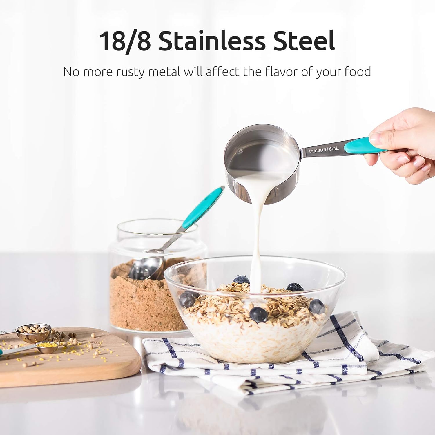 U-Taste 18/8 Stainless Steel Measuring Cups & Spoons Set – 10-Piece – Teal Handles – Heavy-Duty & Engraved Measurements - PuriLite