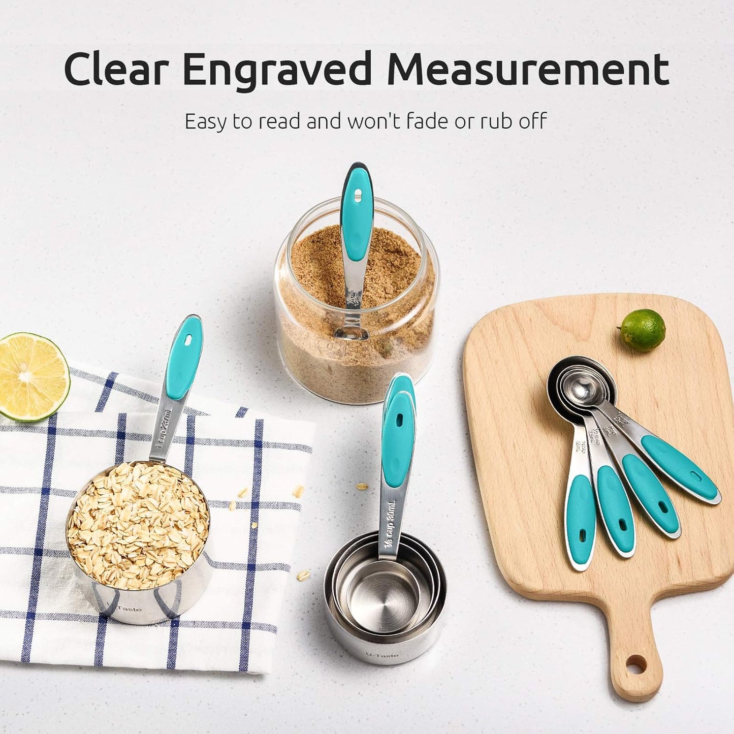 U-Taste 18/8 Stainless Steel Measuring Cups & Spoons Set – 10-Piece – Teal Handles – Heavy-Duty & Engraved Measurements - PuriLite