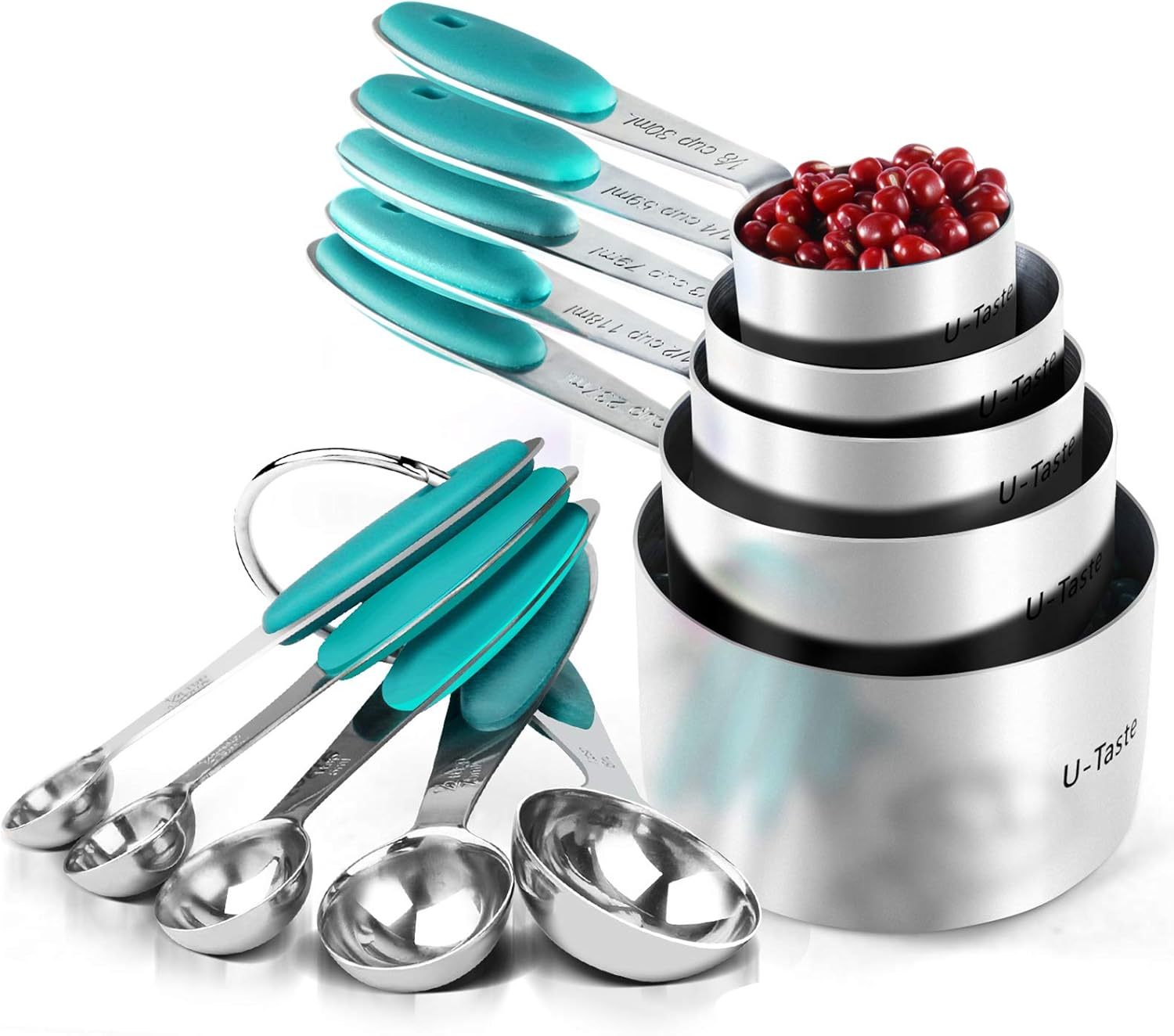 U-Taste 18/8 Stainless Steel Measuring Cups & Spoons Set – 10-Piece – Teal Handles – Heavy-Duty & Engraved Measurements - PuriLite