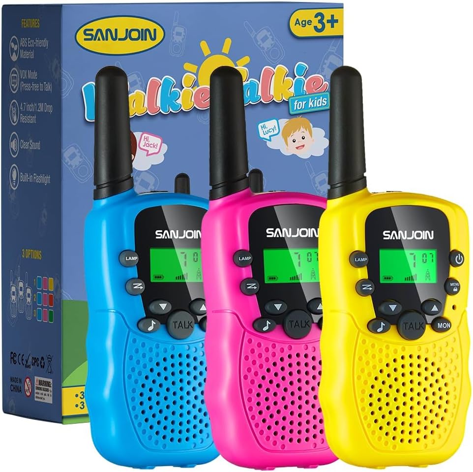 Kids Walkie Talkies 3 Mile Range Two Way Radios 3 Pack for Indoor Outdoor Play Blue Pink Yellow - PuriLite