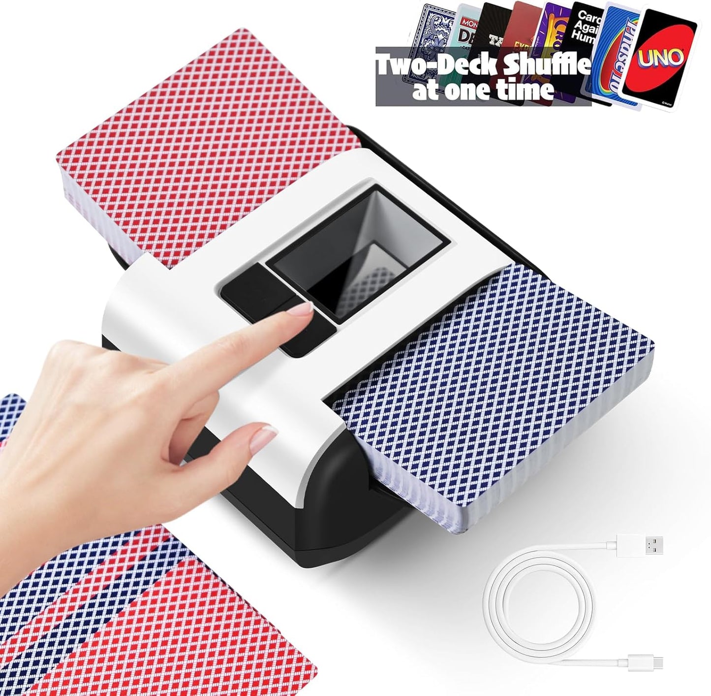 Quiet Rechargeable Automatic Card Shuffler for Two Decks with One-Touch Operation and Long Battery Life