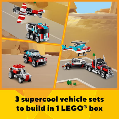 LEGO Creator 3-in-1 Flatbed Truck Transforming Toy Set with Helicopter, Plane, Hot Rod and SUV Vehicles for Kids 7+ - PuriLite