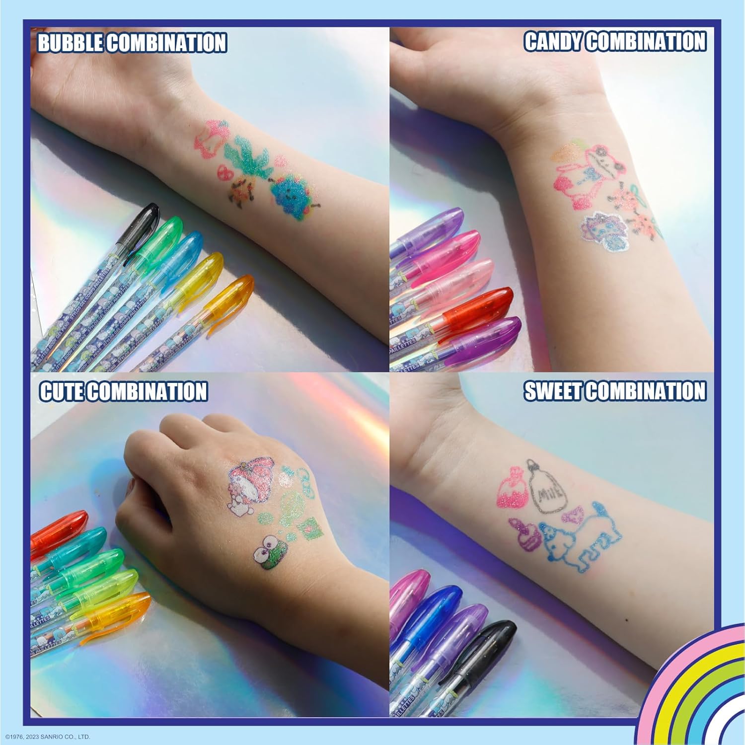 Hello Kitty Glitter Body Art Pen Set 16 Colors Non-Toxic Gel Pens for Teens Parties and Makeovers - PuriLite