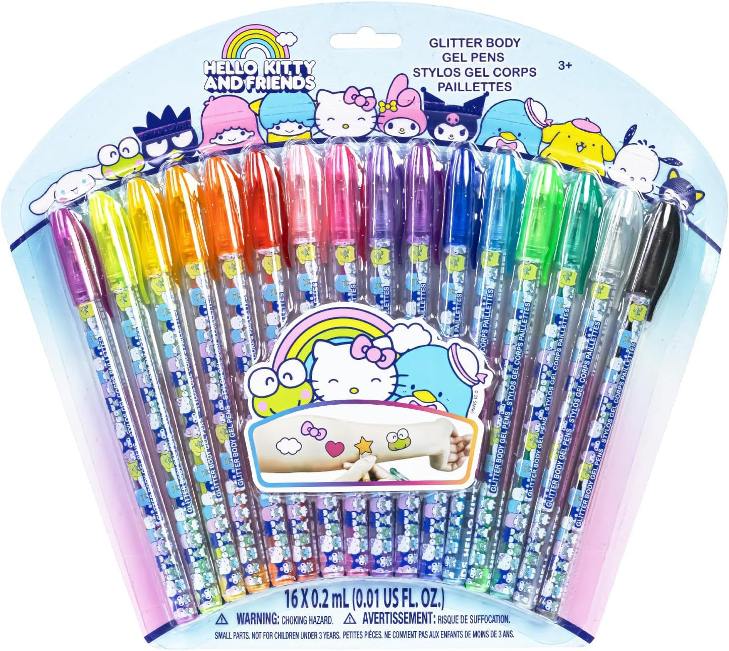 Hello Kitty Glitter Body Art Pen Set 16 Colors Non-Toxic Gel Pens for Teens Parties and Makeovers - PuriLite