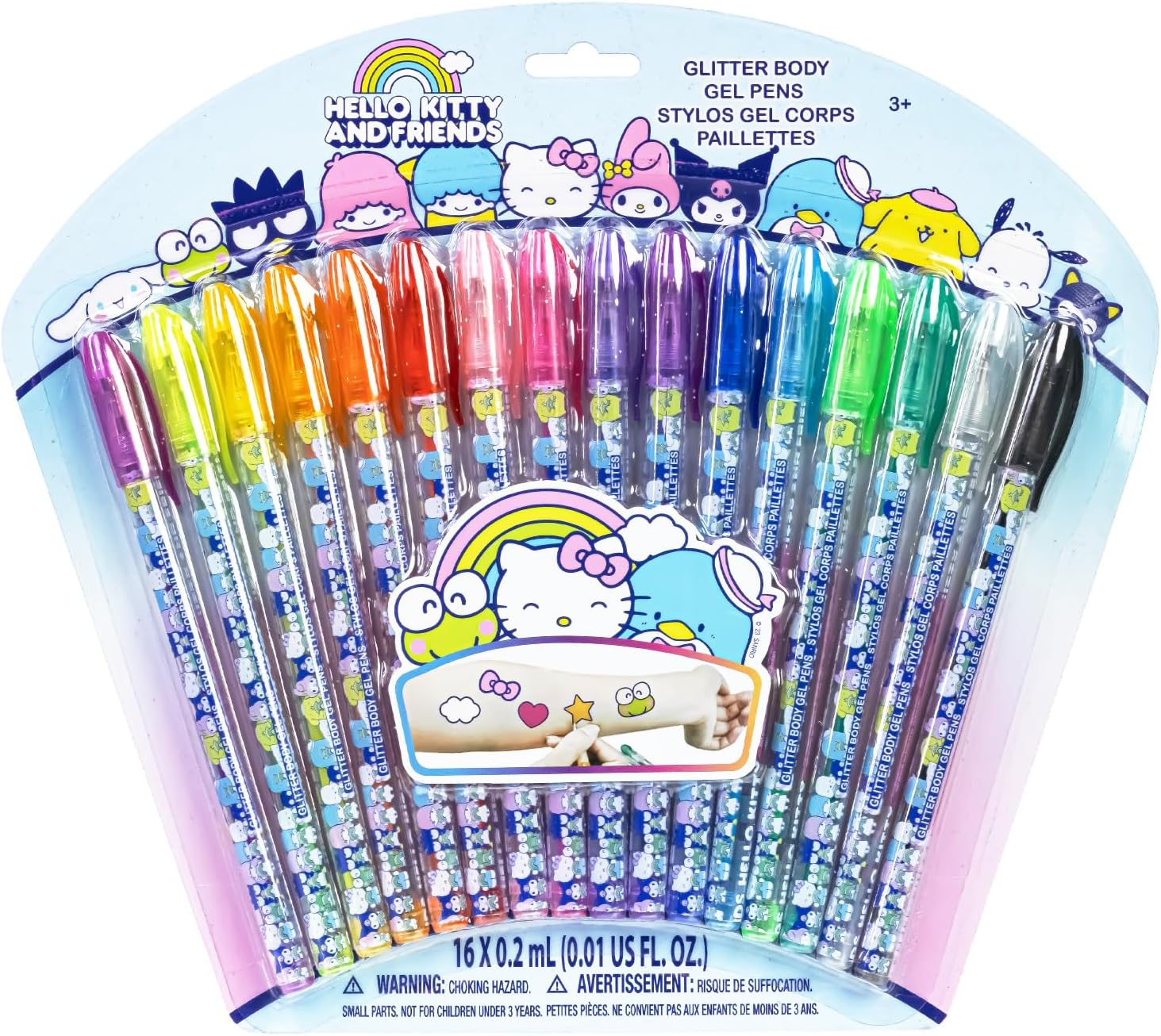 Hello Kitty Glitter Body Art Pen Set 16 Colors Non-Toxic Gel Pens for Teens Parties and Makeovers - PuriLite