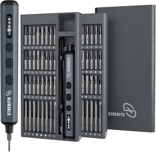 STREBITO Mini Electric Screwdriver Set – 70-in-1 Precision Cordless Electric Screwdriver Kit – 5 Torque Levels – 64 Magnetic Bits – Rechargeable Type-C - PuriLite