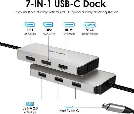 USB C Docking Station Dual DP Monitor, Displayport Docking Station with Dual DP, HDMI, VGA, USB2.0 Ports for Lenovo HP Dell, Windows System Computer - PuriLite