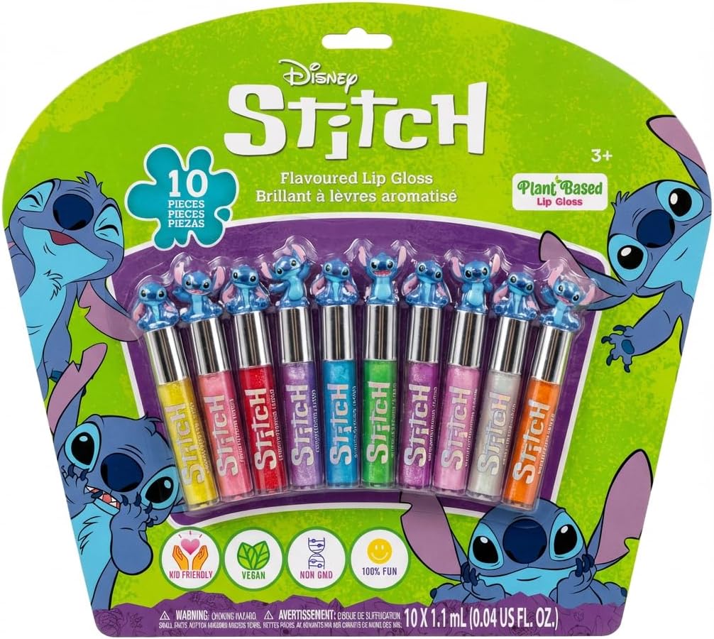 Stitch 10-Piece Plant-Based Lip Gloss Set for Girls, Safe Non-Toxic Makeup Kit for Parties, Sleepovers, and Birthday Gifts Ages 3+ - PuriLite