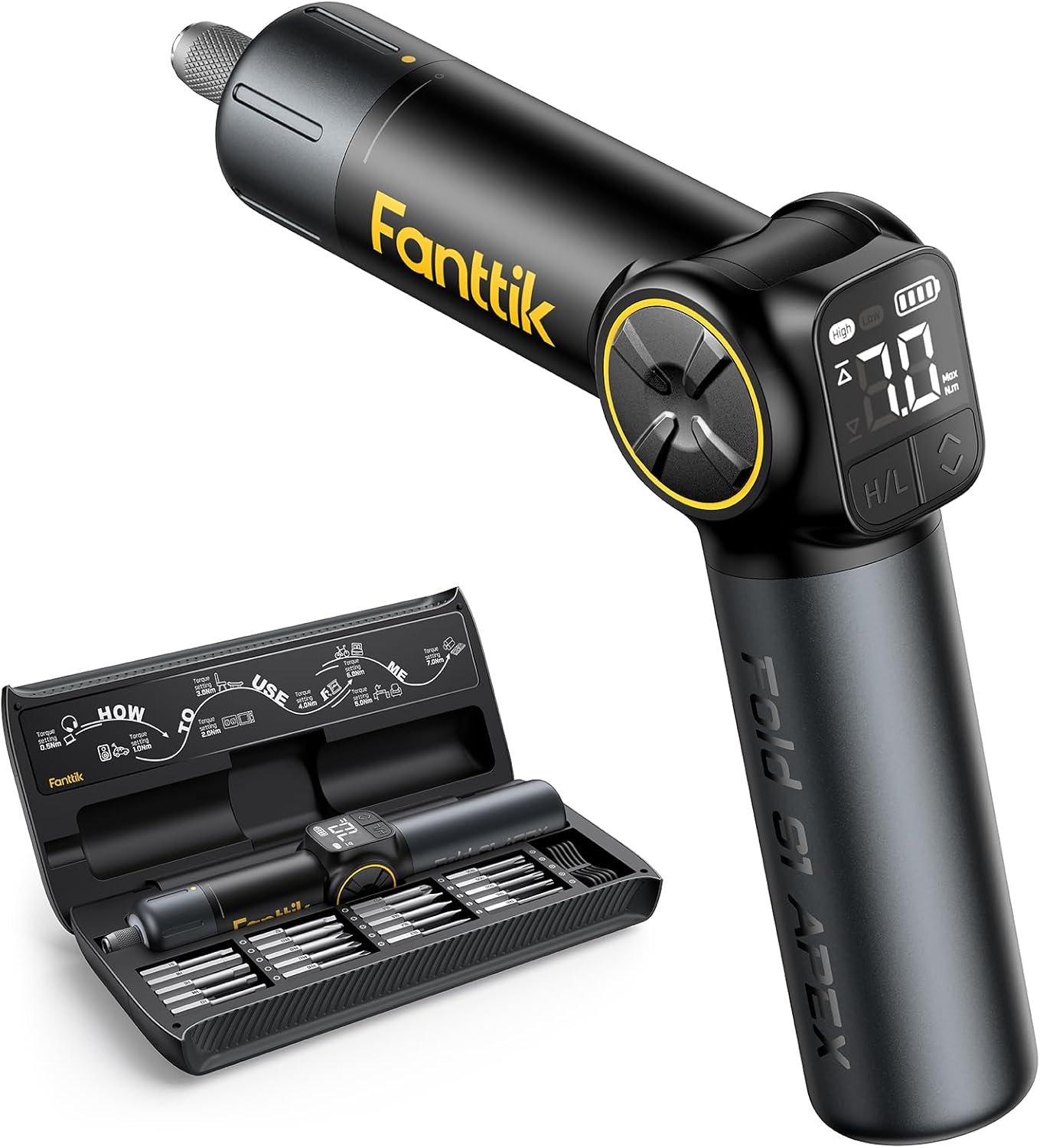 Fanttik Fold S1 APEX Cordless Electric Screwdriver – 3.7V Pivot Handle Screwdriver – 8 Torque Settings Up to 7N·m – LED Screen – Dual Speed 100/250 RPM – 20 S2 Bits - PuriLite