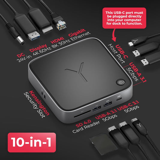 Brydge Stone CORE Powered Charging Docking Station – 10 Ports, 100W PD, Dual Monitor Docking Station, 4K60Hz, 8K HDMI, SD 4.0, USB-A & USB-C, Ethernet – Windows & MacOS Compatible Laptop - PuriLite