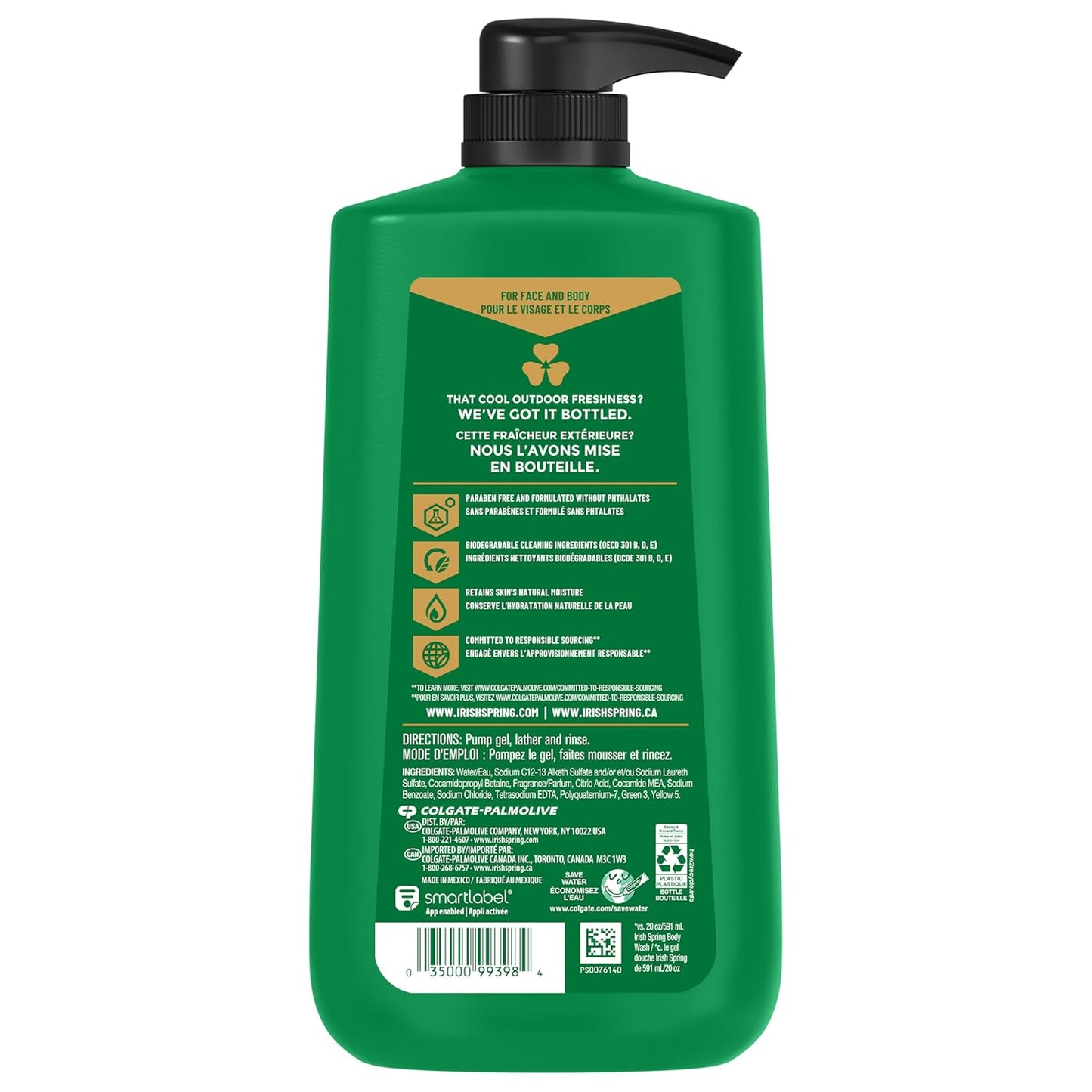 Irish Spring Original Moisturizing Body Wash for Men, 24-Hour Fresh, Face and Body Wash, Biodegradable Ingredients, Paraben Free, Cool Fresh Scent, 30 fl oz Pump Bottle