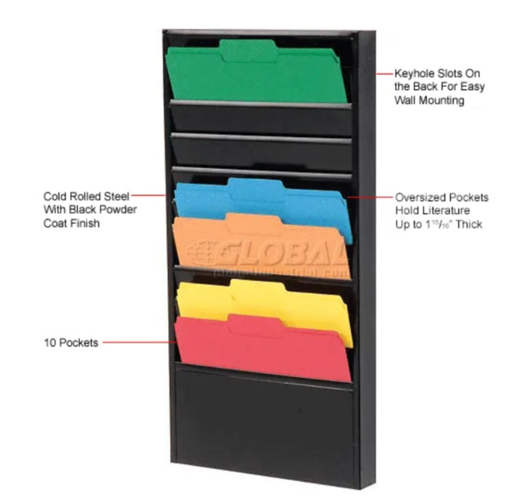 Global Industrial™ 10 Pockets - Medical Chart Hanging Wall File Holder - Black