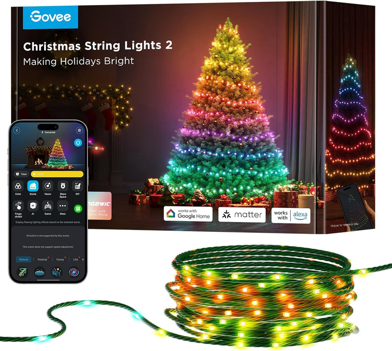 Govee Christmas Lights 2, 99FT 300LEDs RGBWIC Christmas Tree Lights with Shape Mapping Function, Smart Holiday String Lights for Christmas Decor, 130+ Preset Scenes, Voice and APP Control, Green Wire