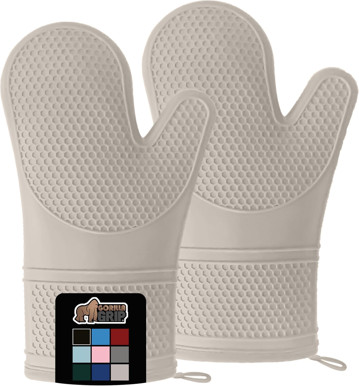 Heat Resistant Silicone Oven Mitts Set, Soft Quilted Lining, Extra Long, Waterproof Flexible Gloves for Cooking and BBQ, Kitchen Mitt Potholders, Easy Clean, Set of 2, Almond