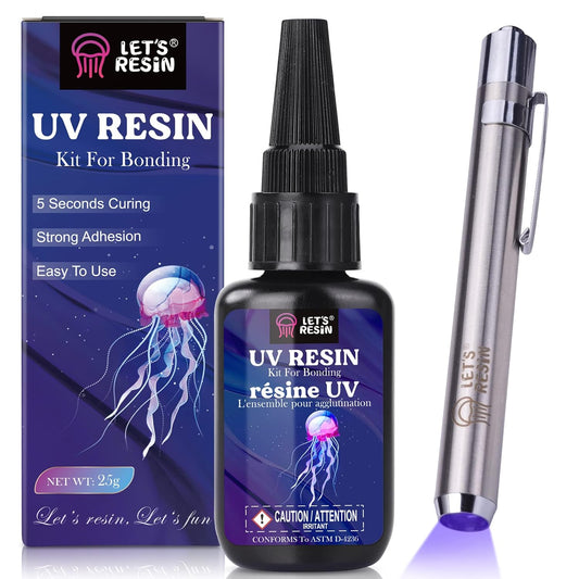 LET'S RESIN UV Resin Kit with Light, Bonding & Curing in Seconds, 25g UV Resin Kit with UV Flashlight for Welding, Jewelry UV Glue Adhesive for Plastic Repair, Glass Light, Craft Decor