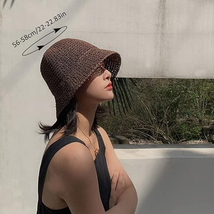 Women's Straw Sun Hat Hand-Woven Packable Beach Bucket Hat Summer Floppy UV Protection Hat