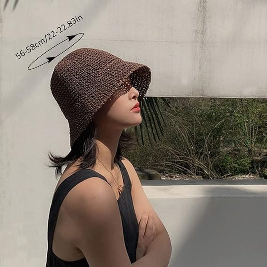 Women's Straw Sun Hat Hand-Woven Packable Beach Bucket Hat Summer Floppy UV Protection Hat