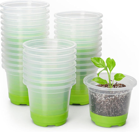 MIXC 30 Packs 4" Reinforced Clear Nursery Pots with Silicone Base for Easy Transplant, Transparent Plastic Plant Pot Reusable Seedling Pots Seed Starter Pots Flower Pot with 10pcs Plant Labels, Green