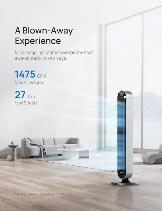 Dreo Pilot Max 120° Oscillating Tower Fan, 42 Inch Bladeless Fan for Bedroom, 25dB Quiet DC Motor, Standing Fan with Remote, 12 Hyper Wind Speeds, 4 Modes, 12H Timer Floor Fans for Home Living Room - PuriLite