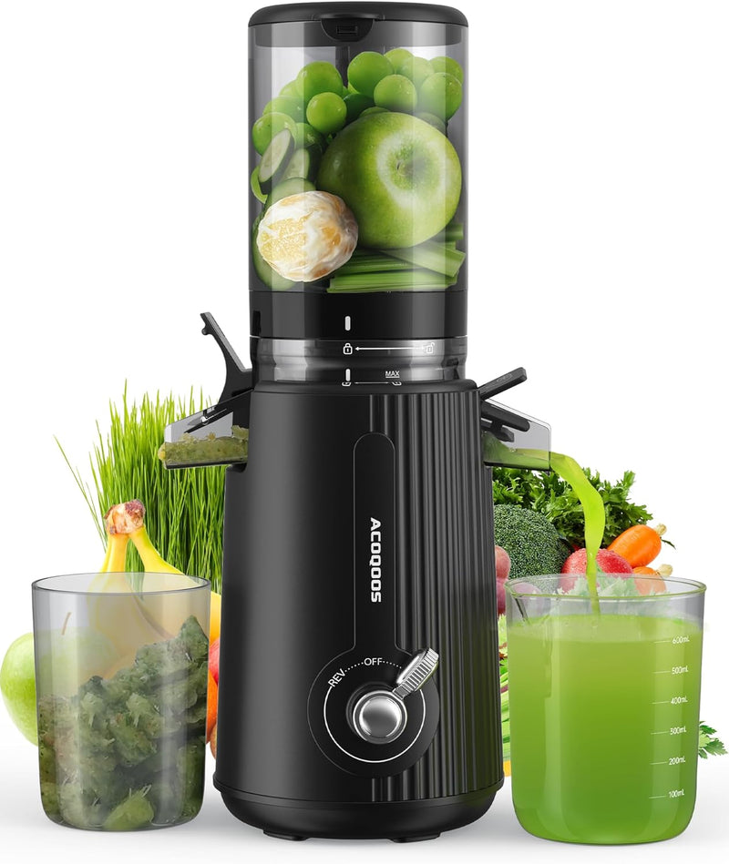 ACOQOOS Juicer Machines, Cold Press Juicer Whole Fruit and Vegetable with 4.3" Feeding Chute, Easy to Clean Juicers with 2 Cups, Masticating Juicer Black