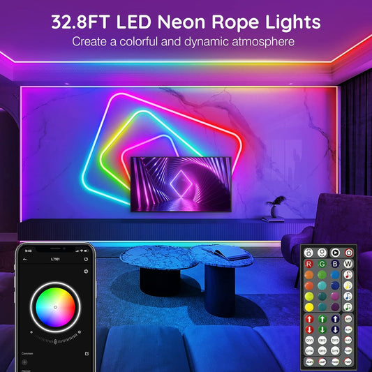 AILBTON Led Neon Rope Lights 32.8Ft,Control with App/Remote,Flexible Led Rope Lights,Multiple Modes,IP65 Outdoor RGB Neon Lights Waterproof,Music Sync Gaming Led Neon Strip Lights for Bedroom - PuriLite