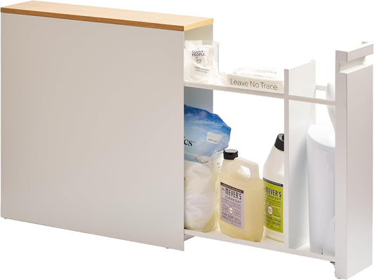 Yamazaki Home Tower Pull-Out Bathroom Storage Cabinet - Slim Bathroom Organizer With Wood Top