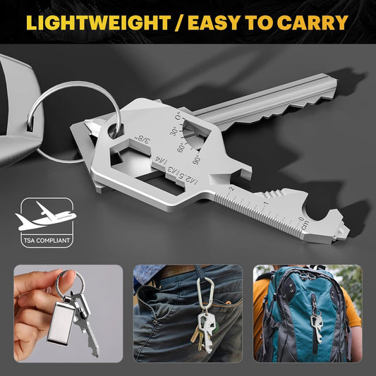 Key Shaped Pocket Multi Tool 20-in-1 Stainless Steel Keychain Utility Tool, Compact Everyday Carry Multitool for Home, Travel, and Outdoor Use - PuriLite