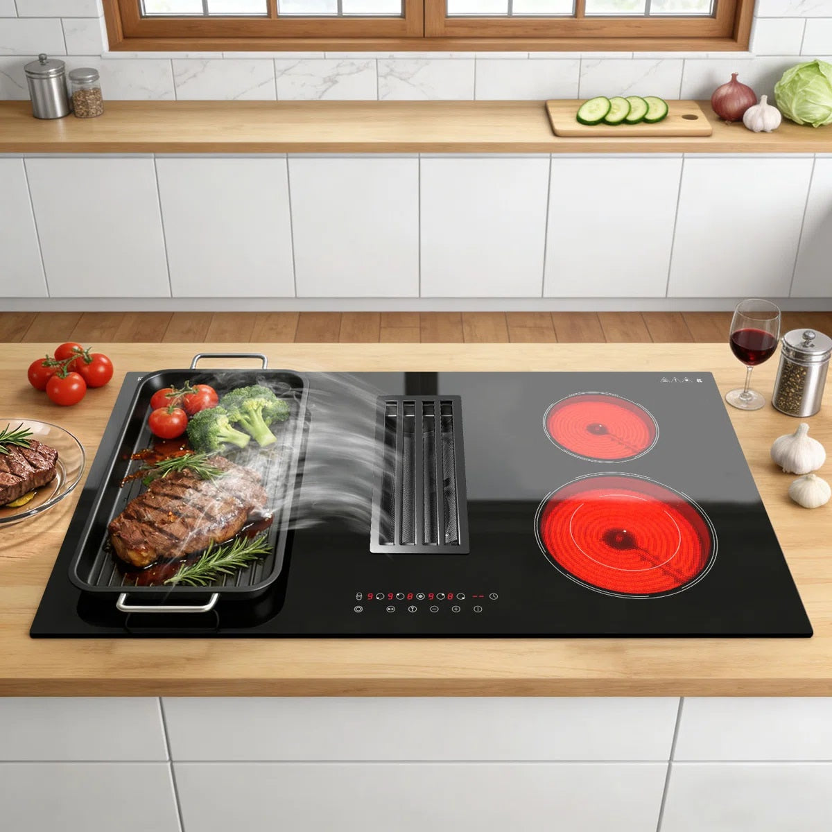 Karinear 4 Burner Electric Cooktop with Ventilation System , 36 inch Downdraft Electric Stove Top , Downdraft Extractor Control, 7400W High Power , 240V No Plug WY-90135A-D474124-END