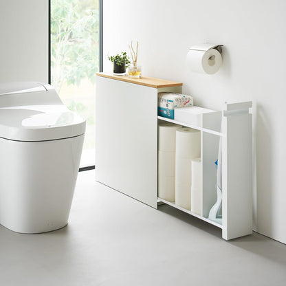 Yamazaki Home Tower Pull-Out Bathroom Storage Cabinet - Slim Bathroom Organizer With Wood Top