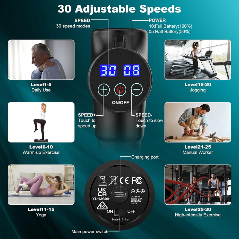 Massage Gun Powerful Portable Sports Massage Gun with 30 Speeds 8 Massage Heads, High Speed Quiet Motor Massage Gun, LCD Screen, Carry Case, Gift for Men Women