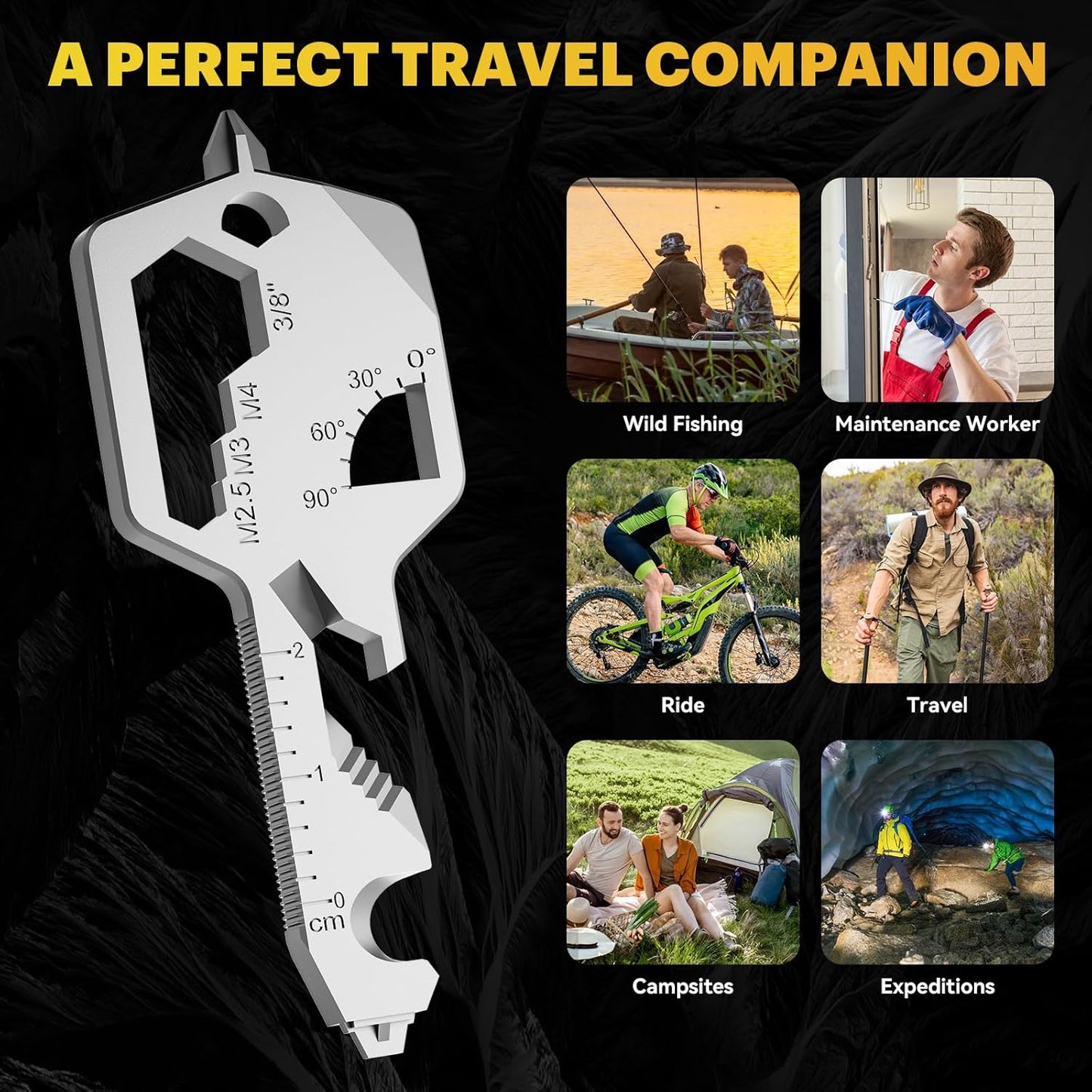 Key Shaped Pocket Multi Tool 20-in-1 Stainless Steel Keychain Utility Tool, Compact Everyday Carry Multitool for Home, Travel, and Outdoor Use - PuriLite