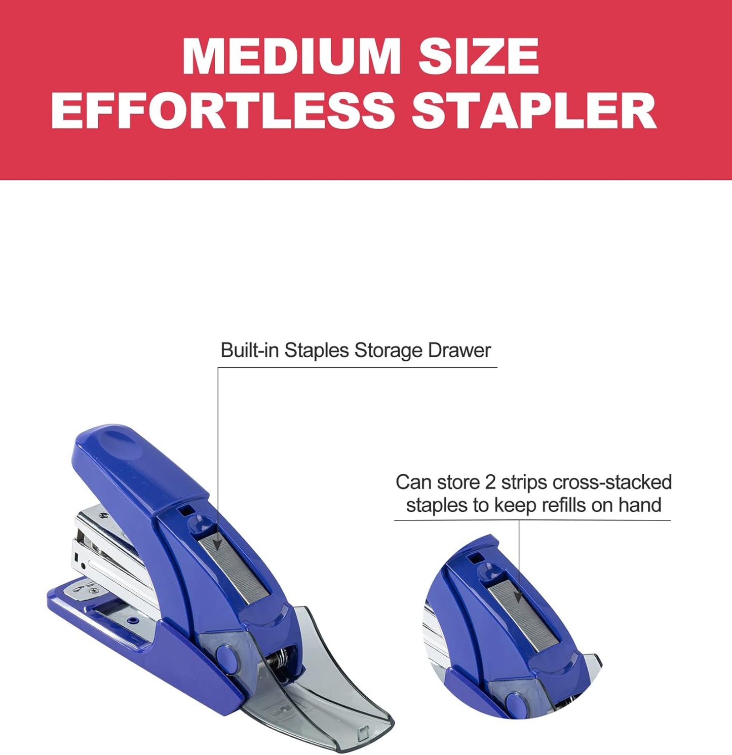 PAPERPAL Effortless Standard Stapler Set, 20 Sheet Capacity, Half Strip, Built-in Staples Storage, Holds 1/4" Staples, Includes 1000 Staples and A Staple Remover, Office, School & Daily Use, Dark Blue
