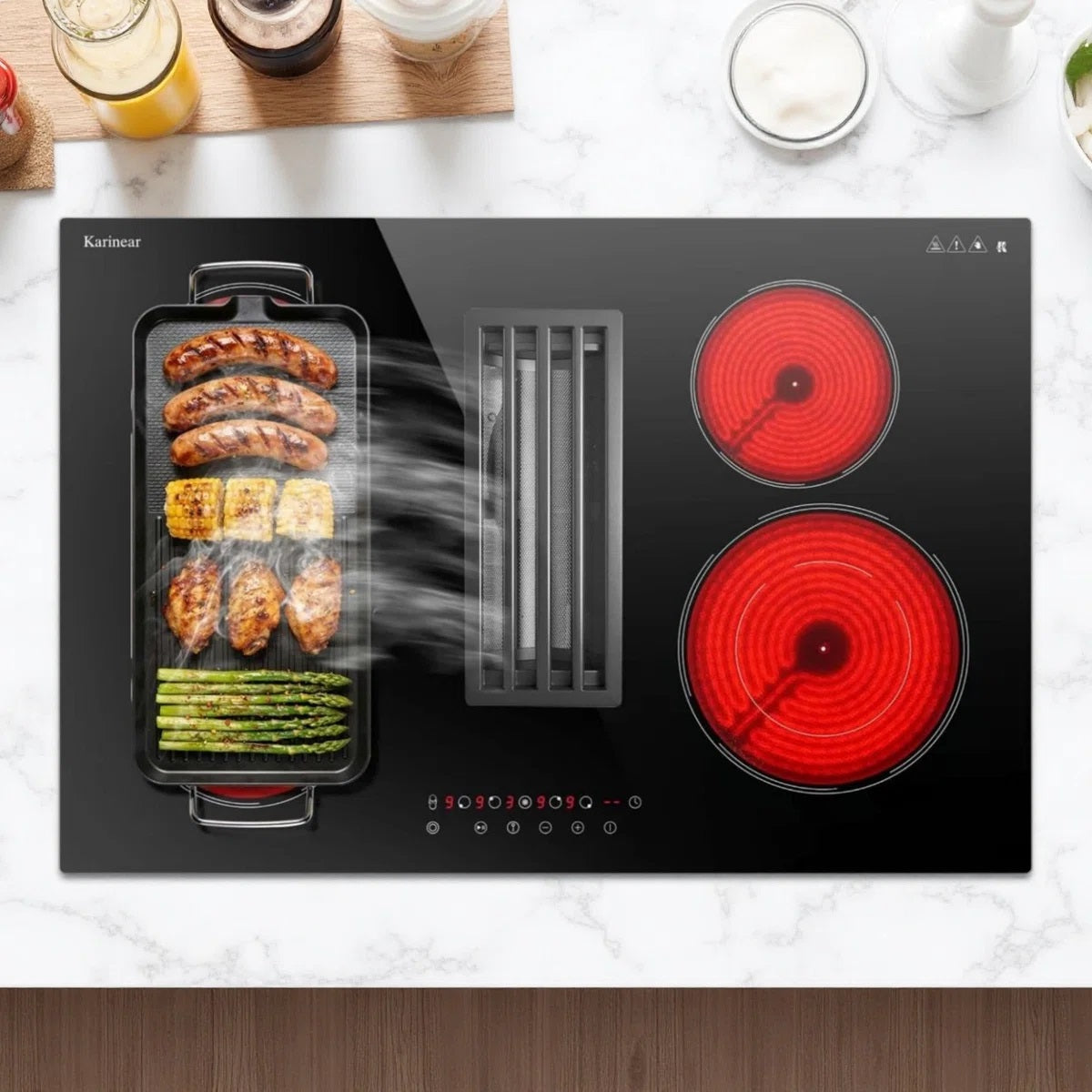 Karinear 4 Burner Electric Cooktop with Ventilation System , 36 inch Downdraft Electric Stove Top , Downdraft Extractor Control, 7400W High Power , 240V No Plug WY-90135A-D474124-END