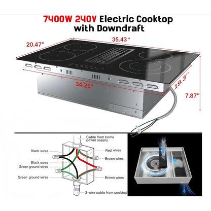 Karinear 4 Burner Electric Cooktop with Ventilation System , 36 inch Downdraft Electric Stove Top , Downdraft Extractor Control, 7400W High Power , 240V No Plug WY-90135A-D474124-END