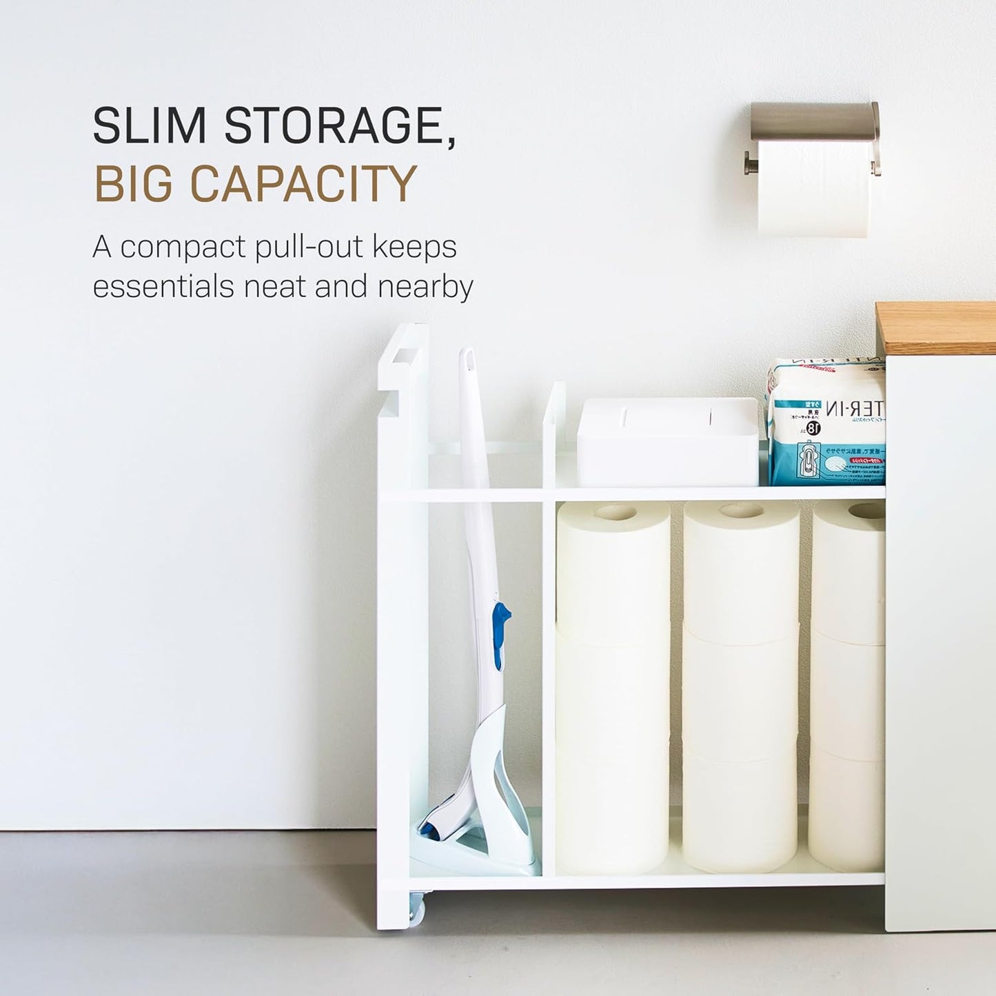 Yamazaki Home Tower Pull-Out Bathroom Storage Cabinet - Slim Bathroom Organizer With Wood Top