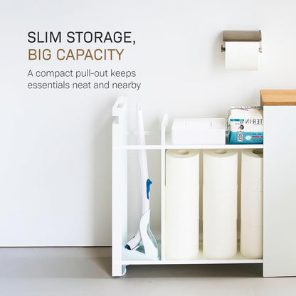 Yamazaki Home Tower Pull-Out Bathroom Storage Cabinet - Slim Bathroom Organizer With Wood Top