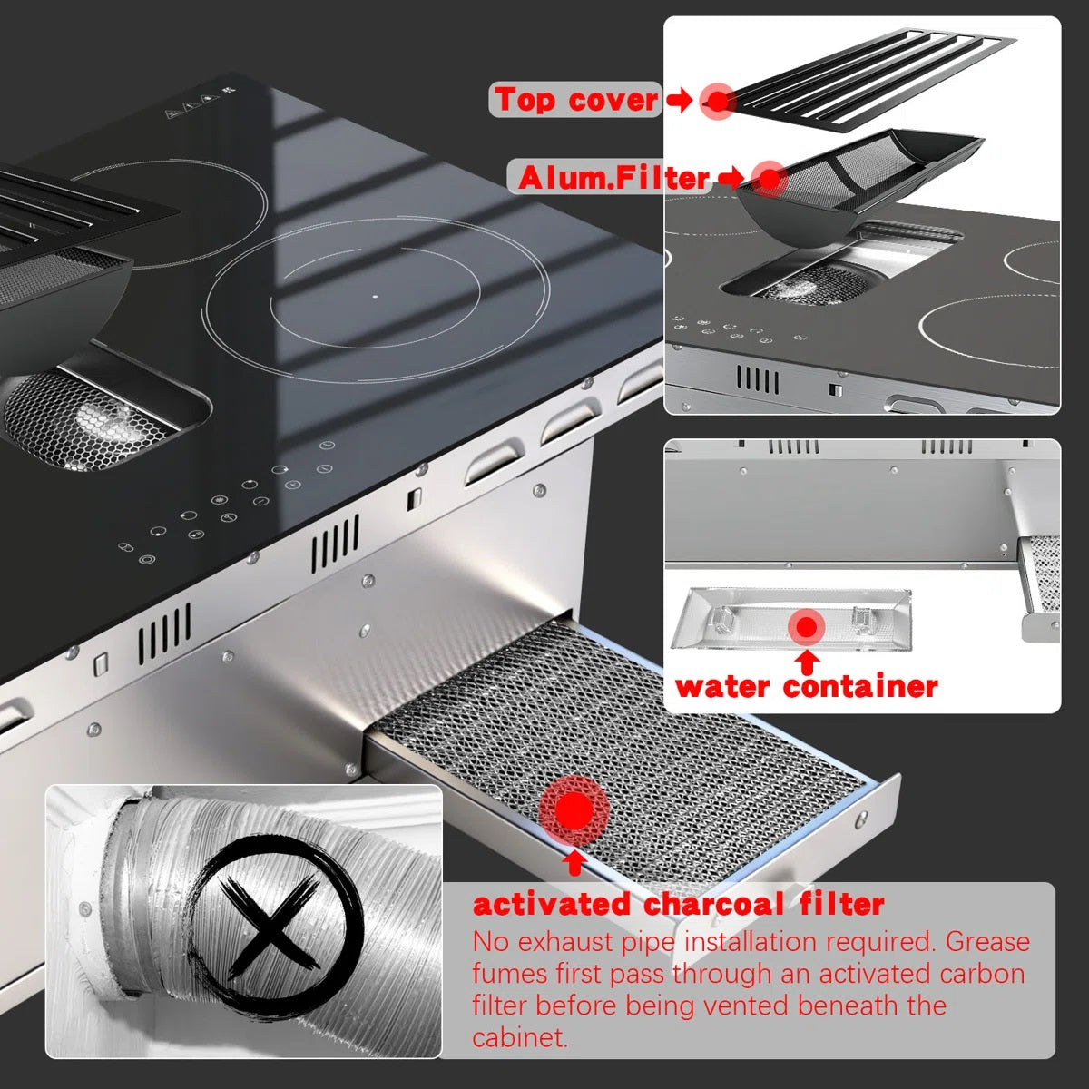 Karinear 4 Burner Electric Cooktop with Ventilation System , 36 inch Downdraft Electric Stove Top , Downdraft Extractor Control, 7400W High Power , 240V No Plug WY-90135A-D474124-END