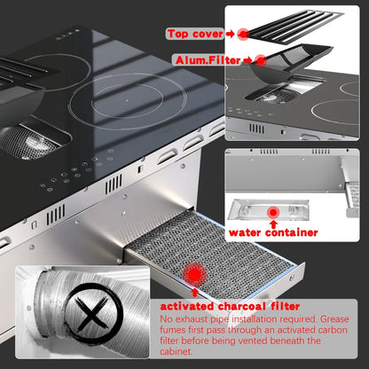 Karinear 4 Burner Electric Cooktop with Ventilation System , 36 inch Downdraft Electric Stove Top , Downdraft Extractor Control, 7400W High Power , 240V No Plug WY-90135A-D474124-END