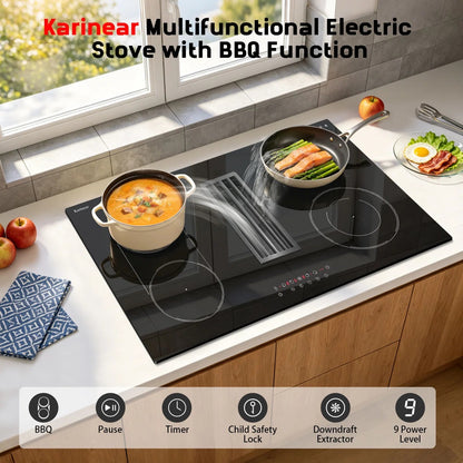 Karinear 4 Burner Electric Cooktop with Ventilation System , 36 inch Downdraft Electric Stove Top , Downdraft Extractor Control, 7400W High Power , 240V No Plug WY-90135A-D474124-END