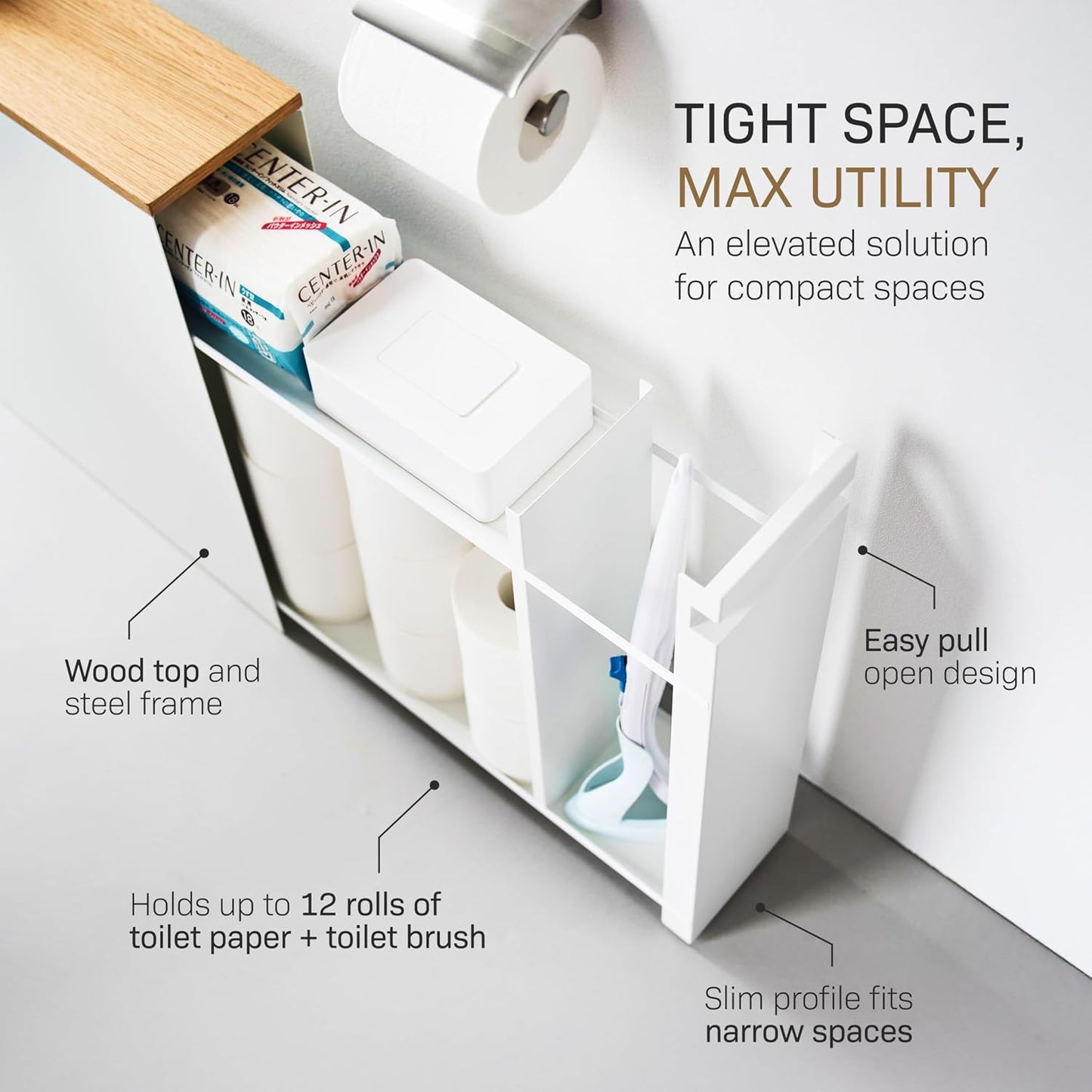Yamazaki Home Tower Pull-Out Bathroom Storage Cabinet - Slim Bathroom Organizer With Wood Top